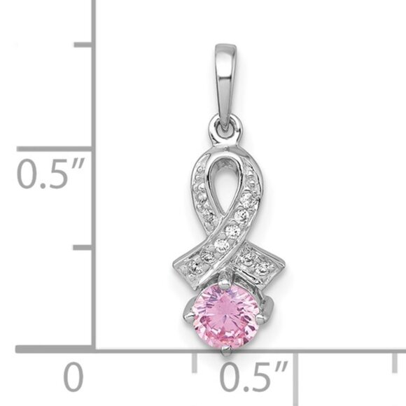 925 Sterling Silver Pink & White CZ Cancer Awareness Ribbon Necklace Charm - Picture 4 of 4